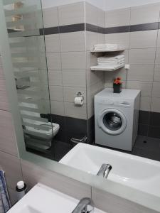 łazienka z umywalką i pralką w obiekcie Bourlis Apartments w mieście Asprovalta