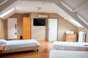 a bedroom with two beds and a tv on the wall at Hotel Frederiksborg in Brussels