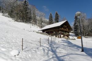 a snow covered log cabin on a snowy slope at Spacious Swiss Alpine Chalet for Nature Lovers in Val-d'Illiez