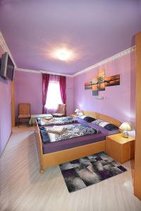 バート・キッシンゲンにあるPension zum Saale Blickの紫の壁のベッドルーム1室(大型ベッド1台付)