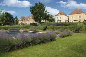 a house with a garden with a pool and purple flowers at Château Les Merles et ses Villas in Mouleydier