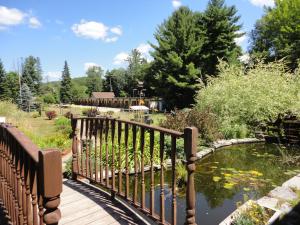 a wooden bridge over a pond in a garden at Dwight Riverside Inn in Dwight