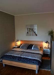 1 dormitorio con 1 cama con 2 lámparas en Apartment Papiermühle24, en Erfurt