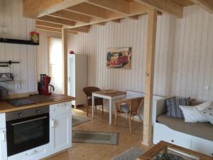 eine Küche und ein Wohnzimmer mit einem Sofa und einem Tisch in der Unterkunft Ferienwohnungen im Schwedenstil in Papenburg
