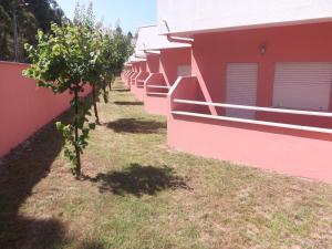a row of apple trees next to a pink building at Ribeirotel in Albergaria-a-Velha