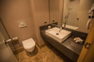 トラブゾンにあるBlue Sea Hotelのバスルーム(洗面台、トイレ、鏡付)