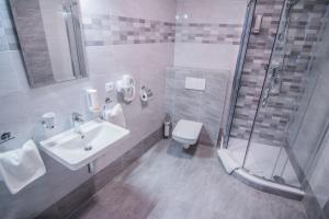 a bathroom with a sink and a shower and a toilet at Pension Viktorin in Poděbrady