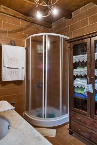 ヴラスナにあるPremium Stone Houseのバスルーム(シャワー付)、木製キャビネットが備わります。
