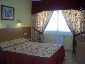 1 dormitorio con cama y ventana grande en Hotel Suiza, en Arzúa