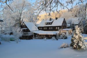 een huis bedekt met sneeuw en met sneeuw bedekte bomen bij Mollseifer Hof in Winterberg