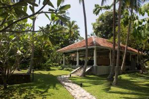a building with palm trees in front of a yard at Why House in Unawatuna
