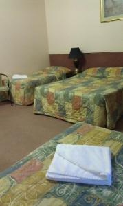 a hotel room with two beds and a desk at Avalon Motel in Mount Gambier