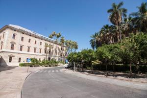 una calle vacía frente a un edificio con palmeras en Cortina Apartments !, en Málaga
