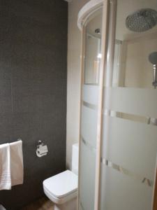 a bathroom with a toilet and a glass shower door at Hostal Casa Tino in Caín