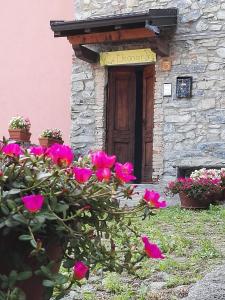 a house with pink roses in front of a door at Ca' Eleonora in Lezzeno