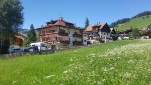 a building on a hill with a field of flowers at Apartments Nadia in San Vigilio Di Marebbe