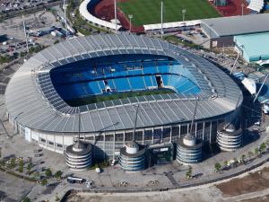 an aerial view of a soccer stadium at The Stockport in Stockport