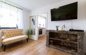 uma sala de estar com lareira e televisão em Avalon Apartments em Rust