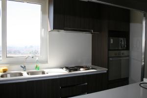 a kitchen with a sink and a stove and a window at Condominio Laguna del Mar in La Serena