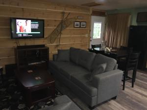 a living room with a couch and a television at Resurrection River Rentals in Seward