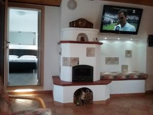 a living room with a fireplace with a tv above it at Apartment MaLa in Bled