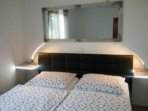 1 dormitorio con 1 cama con espejo encima en Apartment MaLa, en Bled