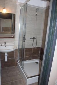 La salle de bains est pourvue d'une douche et d'un lavabo. dans l'établissement Apartamenty Górskie, à Stronie Śląskie