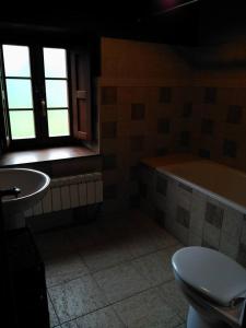 a bathroom with a toilet and a tub and a sink at Casa De Aldea Fonfria in Las Vegas De Cardeo +18 photos