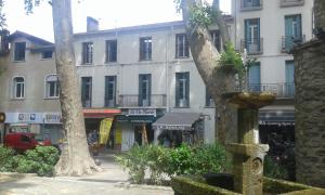 una calle de la ciudad con un edificio y un árbol en cal erre, en Céret