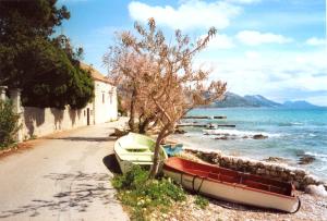 a boat sitting on the side of a road next to the water at Apartments Helena in Orebić