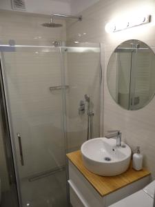 ヤストシェンビャ・グラにあるApartament N-Starのバスルーム(洗面台、ガラス張りのシャワー付)