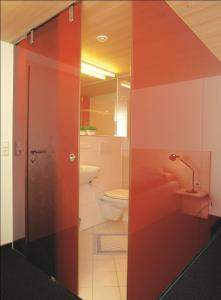 a red bathroom with a toilet and a sink at Gasthof Taube in Bizau