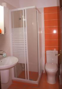 a bathroom with a shower and a toilet and a sink at Nikolaki Rooms in Porto Rafti