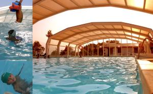 deux photos d'une piscine avec des gens dans l'eau dans l'établissement Hotel Monumento Pazo do Castro, à O Barco de Valdeorras