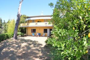 una casa gialla con due sedie blu davanti di Il Corbezzolo a Massarosa