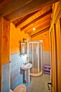 un baño con lavabo y ducha en Casa del Herrero, en Mogarraz