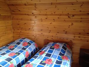 two beds in a room with wooden walls at Little Garden House in Kassari