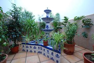 un jardín con una fuente con macetas. en Hostal el Puente, en Tabernas