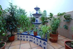 a garden with a fountain with potted plants on it at Hostal el Puente in Tabernas