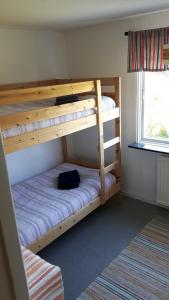 1 dormitorio con 2 literas y ventana en The Sheep Inn B&B, en Arvika