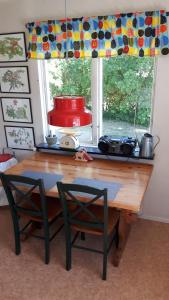mesa de comedor con 2 sillas y ventana en The Sheep Inn B&B en Arvika