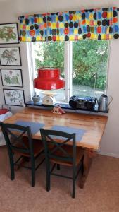 a dining room table with two chairs and a window at The Sheep Inn B&B in Arvika