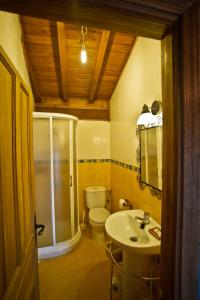 Un baño con ducha, inodoro y lavabo. en Casa del Herrero, en Mogarraz