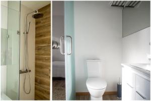 two images of a bathroom with a toilet and a shower at Furabeach Alojamentos in Furadouro +61 photos