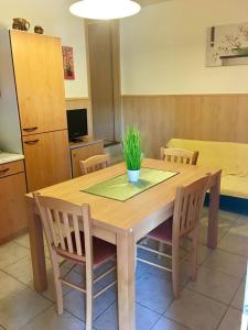 einem Holztisch mit Stühlen und einer Topfpflanze darauf in der Unterkunft Apartments Klabjan in Osp