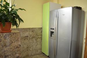 a refrigerator in a room with a green wall at Pensiunea Koruna in Poenari