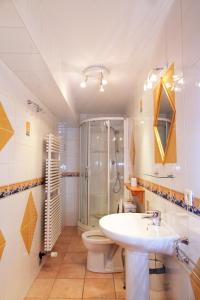 a bathroom with a sink and a shower and a toilet at Chalet la roche du rain in Gérardmer +30 photos