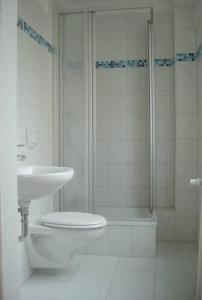 une salle de bain avec une douche, des toilettes et un lavabo dans l'établissement Forsthaus Appartements, à Brunswick 24 autres photos