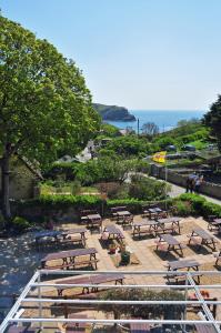 a group of picnic tables in a park next to the ocean at Lulworth Cove Inn in Lulworth Cove