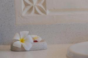 a white flower in a stone holder on a counter at Alawi Home in Watamu +285 photos